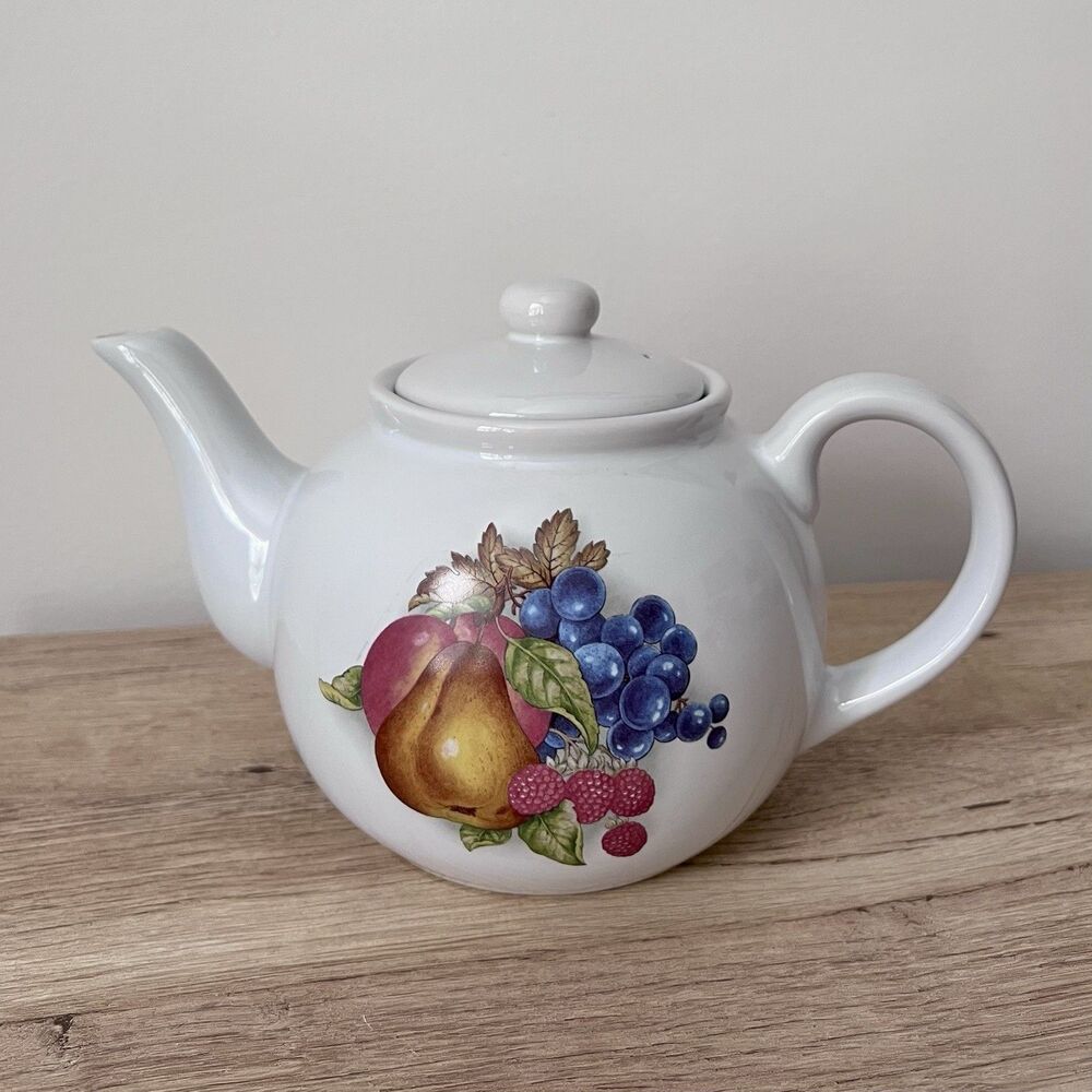 White Teapot w/Lid Featuring Fruit And Leaves Fall Autumn Colors